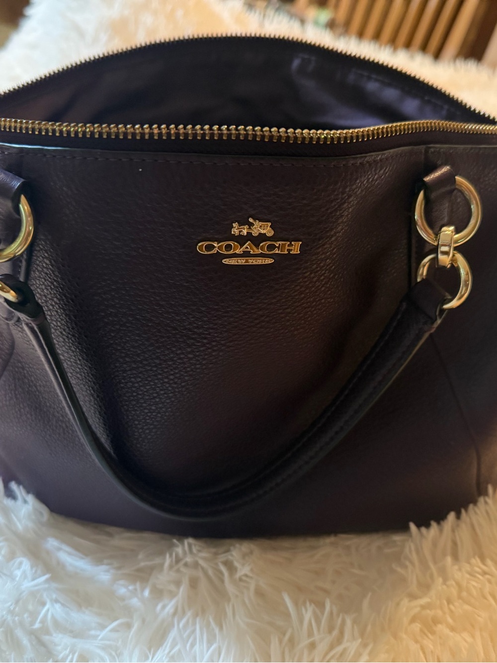 Coach Pebbled Leather Shoulder Tote in Plum with Gold Hardware